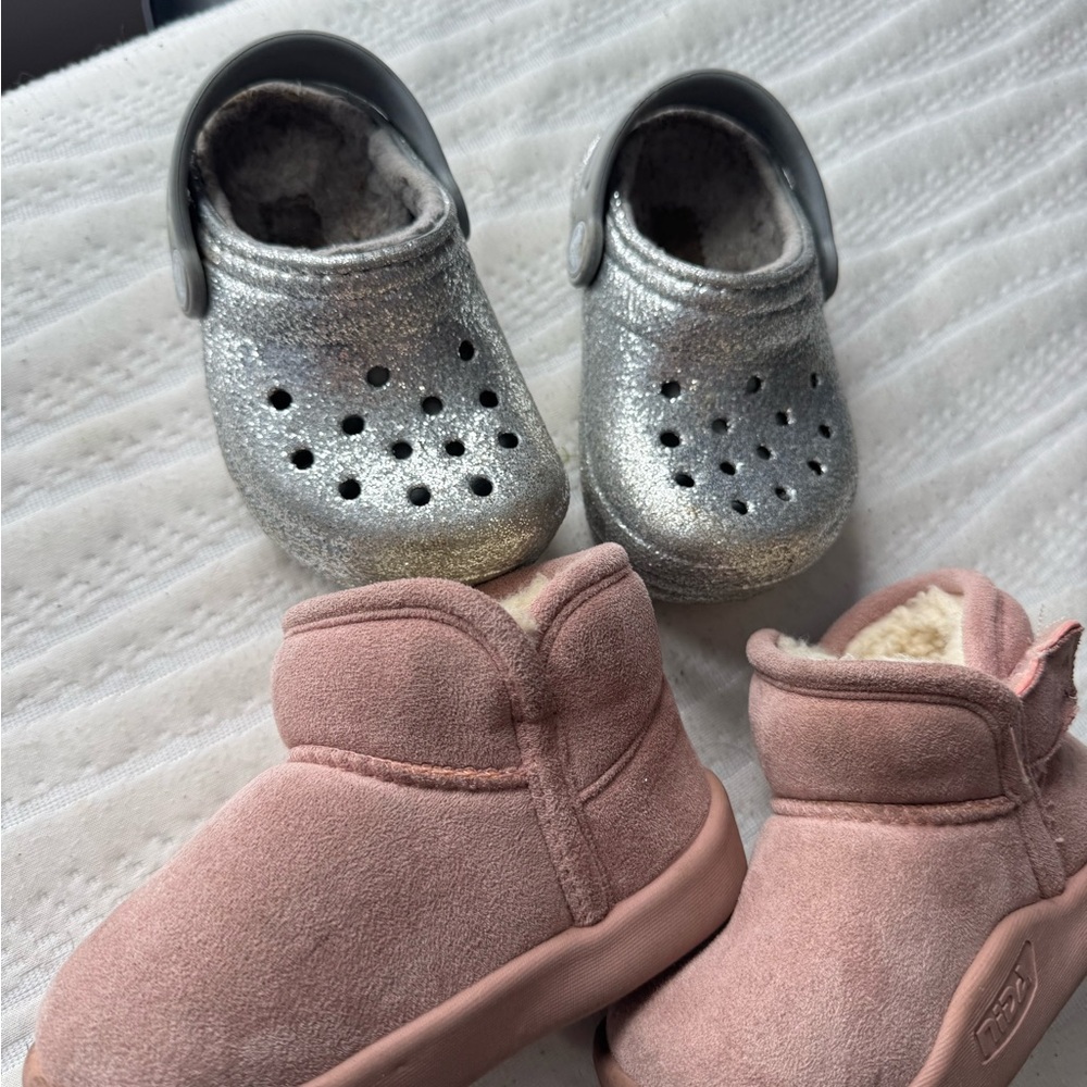 Silver glitter toddler fur crocs